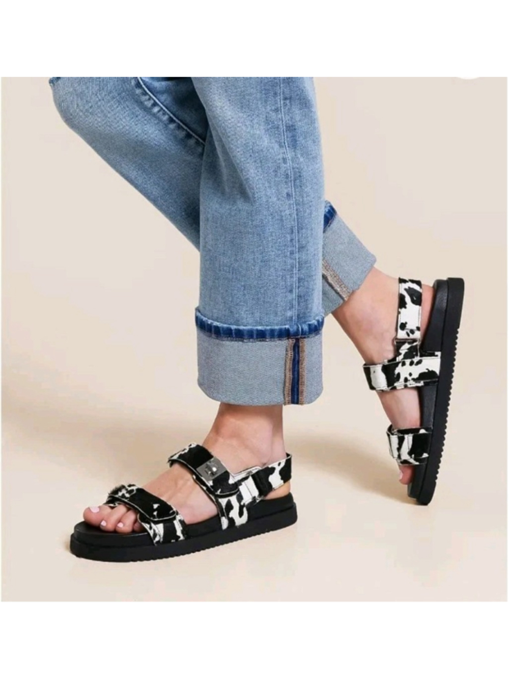 Steve Madden MONAC Sandals Womens Sz 8 Cow Hair Cow Print Black White NWOB $99